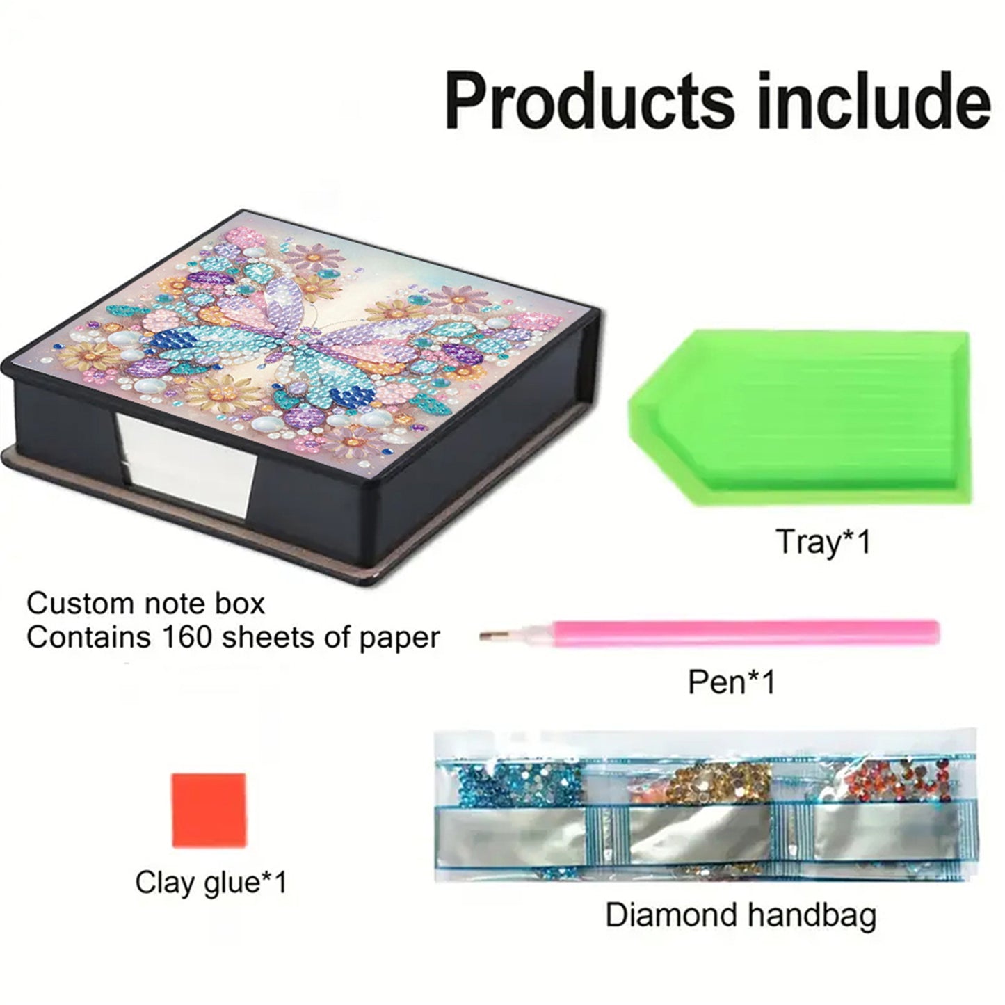 5D Butterfly DIY PU Diamond Painting Notecard Box with 160 Sheets Paper Holder