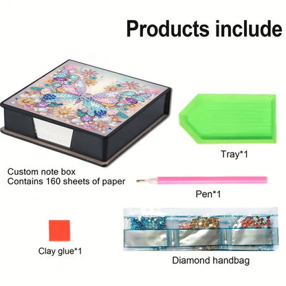 5D Butterfly DIY PU Diamond Painting Notecard Box with 160 Sheets Paper Holder