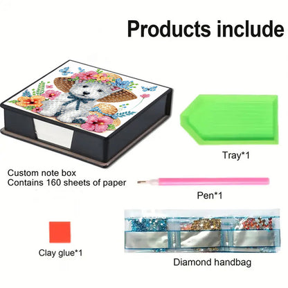 5D Puppy DIY PU Diamond Painting Notecard Box with 160 Sheets Paper Note Holder