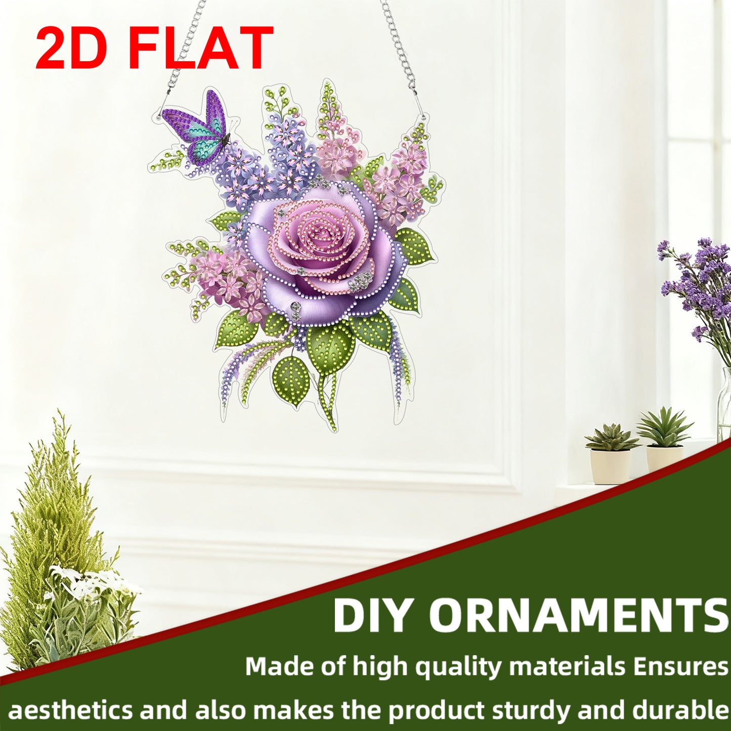 2D Flat DIY Hanging Diamond Art Kits DIY Home Decor Hanging Charm (Rose)