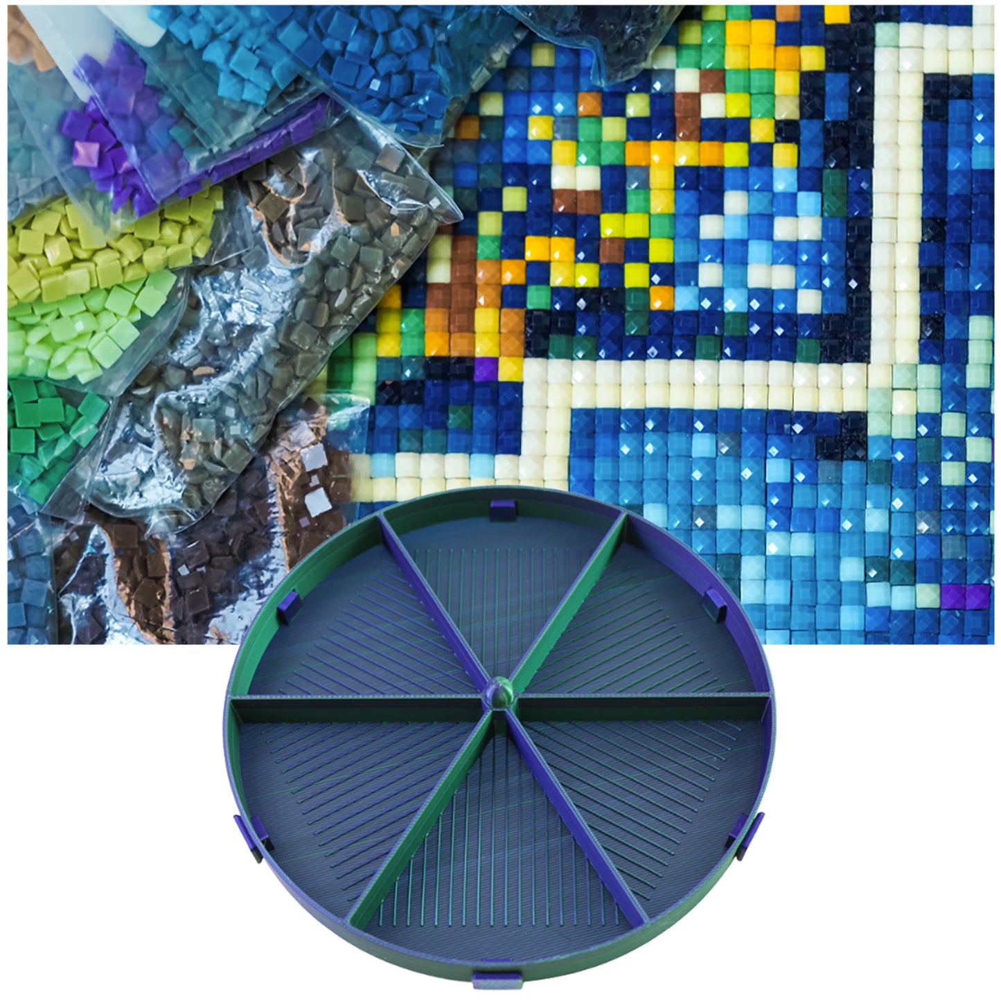 Beads Sorting Storage Tray Round Diamond Painting Tools with Dish (Blue Green)