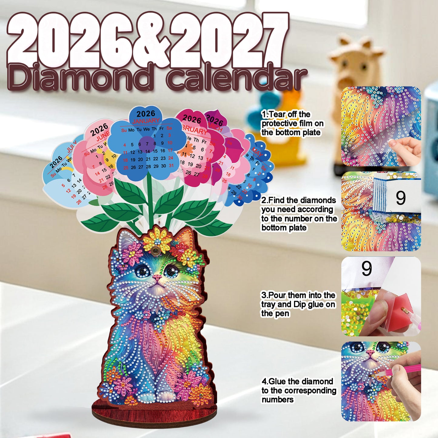 2026 Calendar DIY Diamond Painting Kit Cat Wooden Diamond Painting Calendar