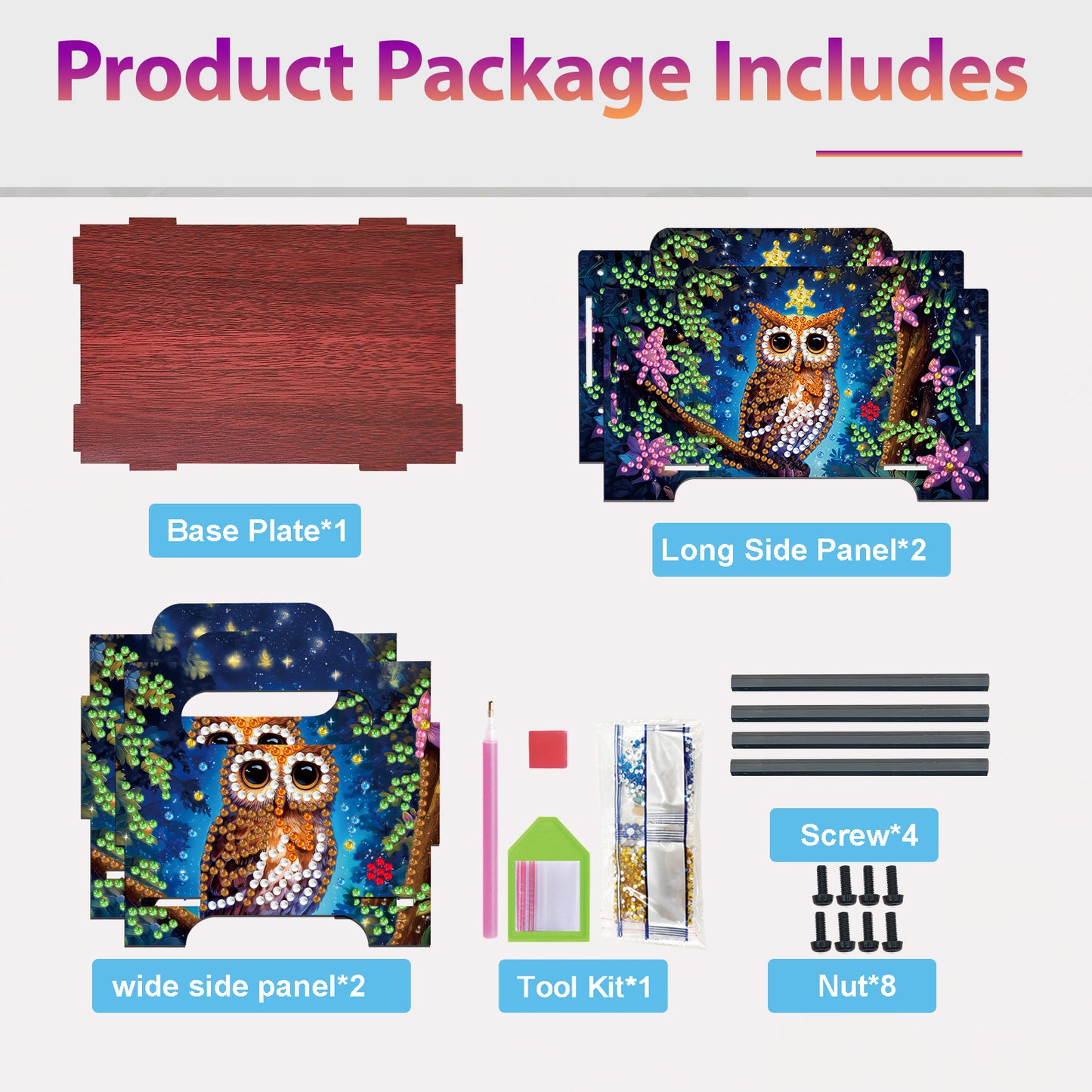 5D DIY Diamond Painting Art Decorative Storage Box Wood Storage Clutch (Owl)