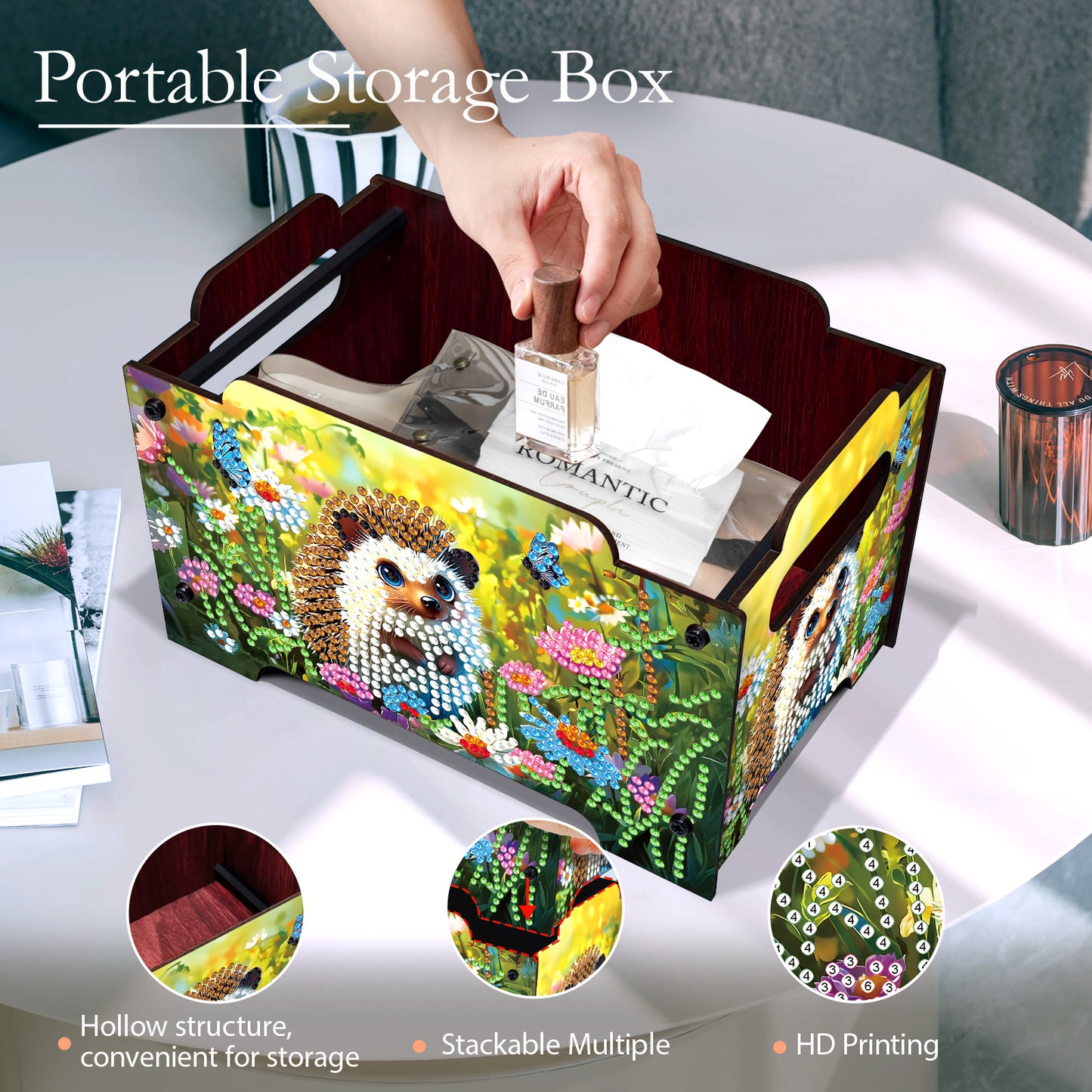 5D DIY Diamond Painting Decorative Storage Box Wood Storage Clutch (Hedgehog)