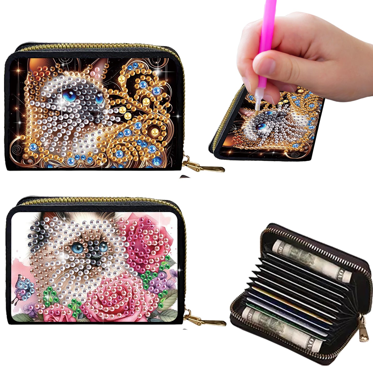 2pcs Cat Pattern Diamond Painting Fashion Card Holder Compact Coin Purse
