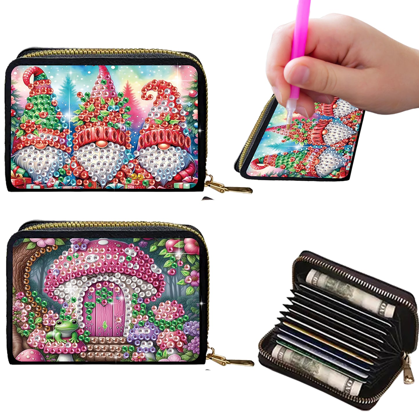 2pcs Tree House Gnome Pattern Diamond Painting Fashion Card Holder Coin Purse