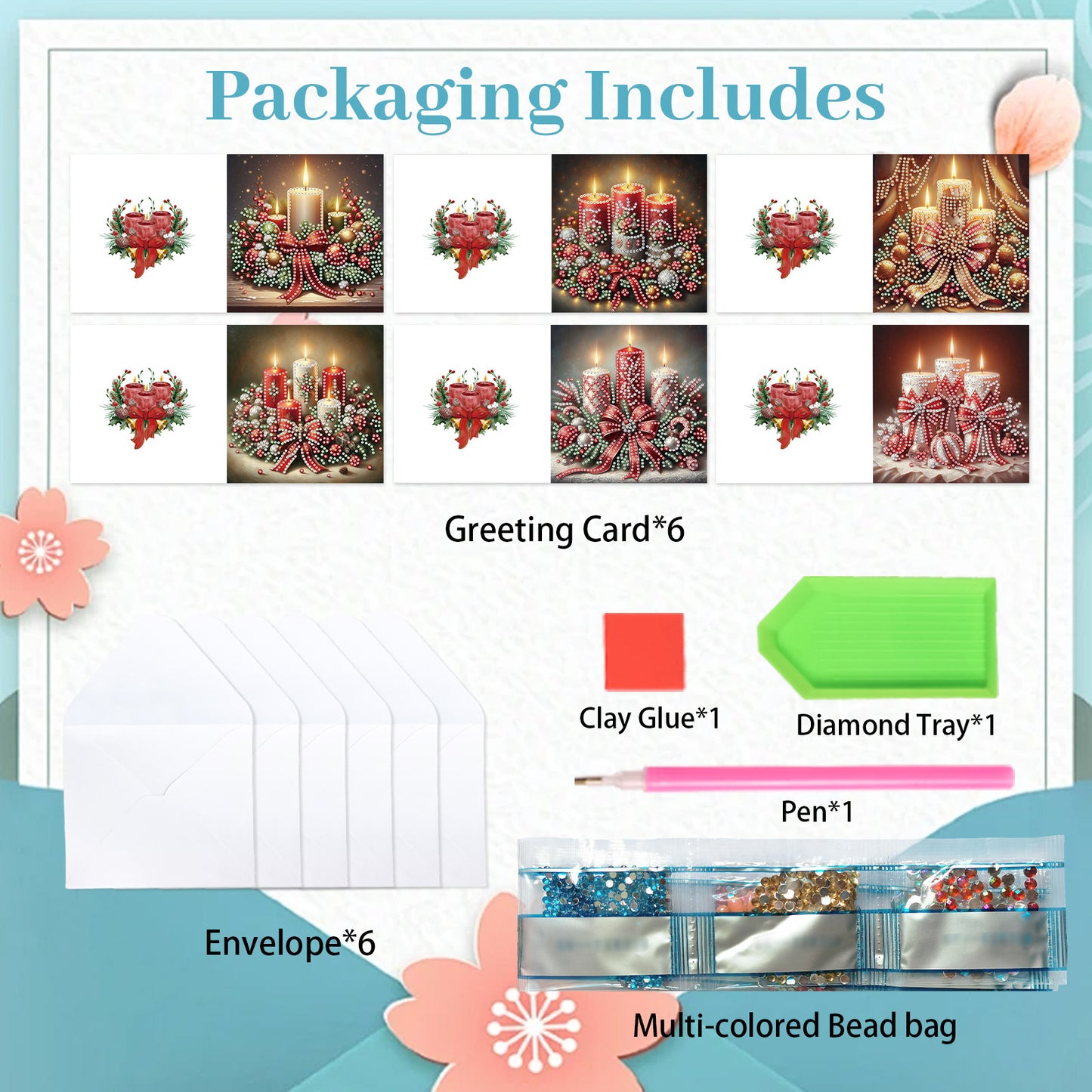 6PCS DIY Diamond Art Greeting Cards Christmas Candle Congratulations Cards Gift