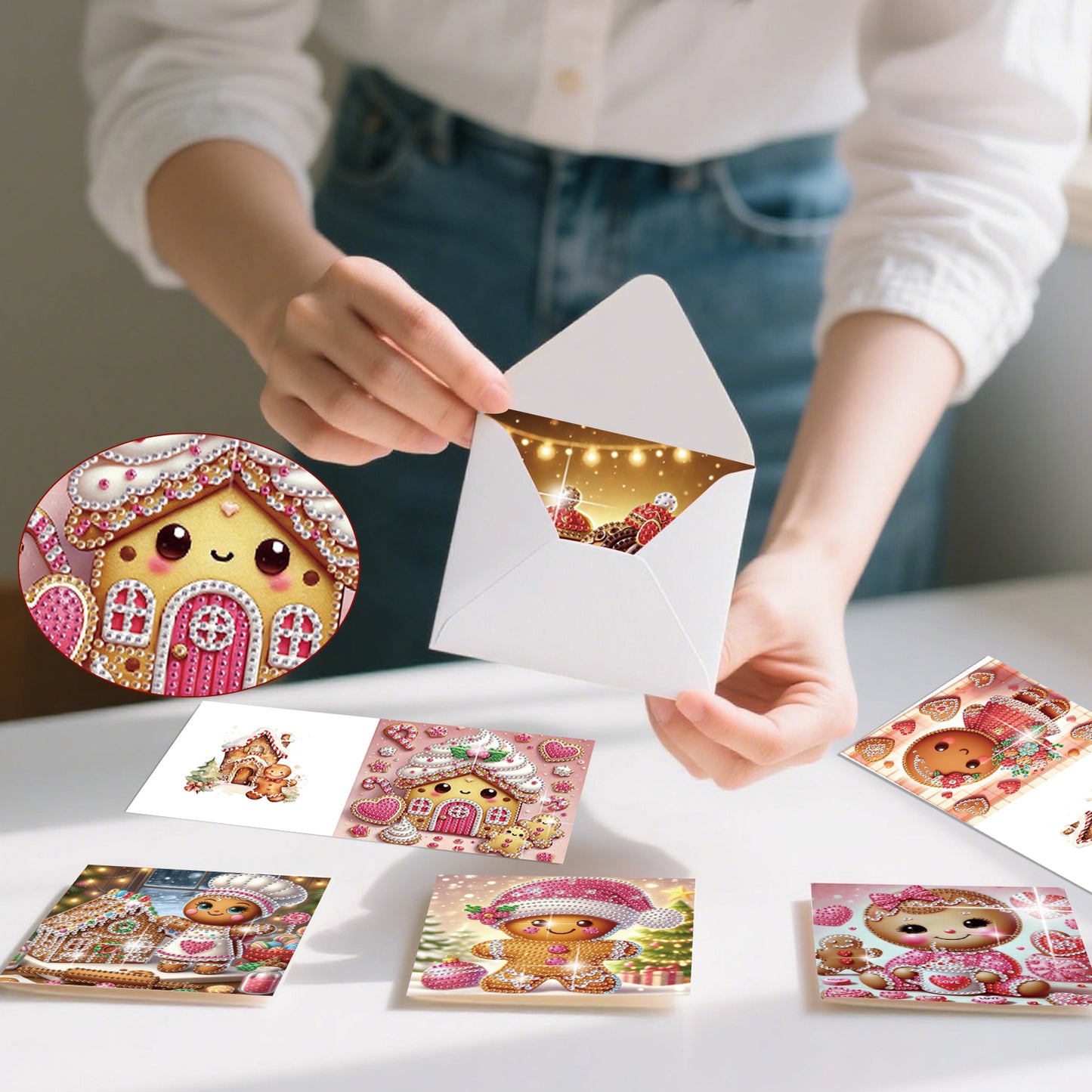 6PCS DIY Diamond Art Greeting Cards Xmas Gingerbread Man Congratulations Cards