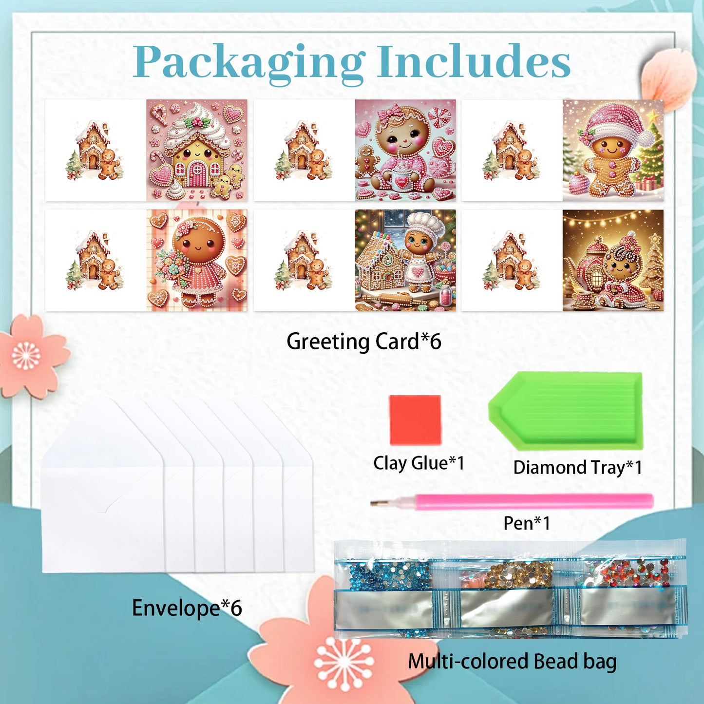 6PCS DIY Diamond Art Greeting Cards Xmas Gingerbread Man Congratulations Cards