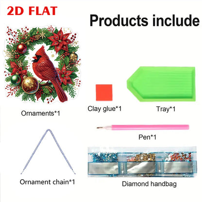 2D Flat DIY Hanging Diamond Art Kits Rhinestone Window Pendant (Cardinal Wreath)
