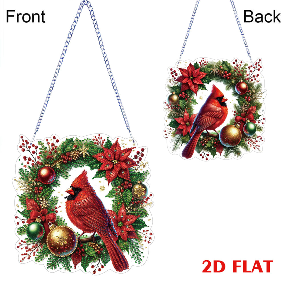 2D Flat DIY Hanging Diamond Art Kits Rhinestone Window Pendant (Cardinal Wreath)