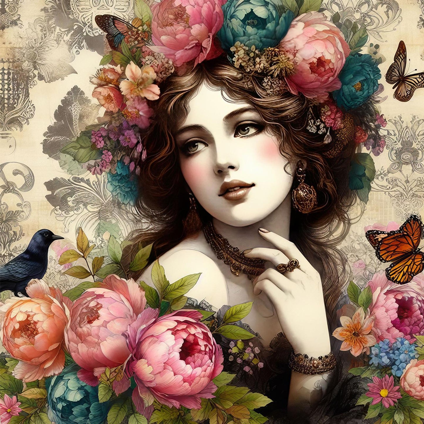 Vintage Girl And Flowers - Full Round Drill Diamond Painting 40*40CM
