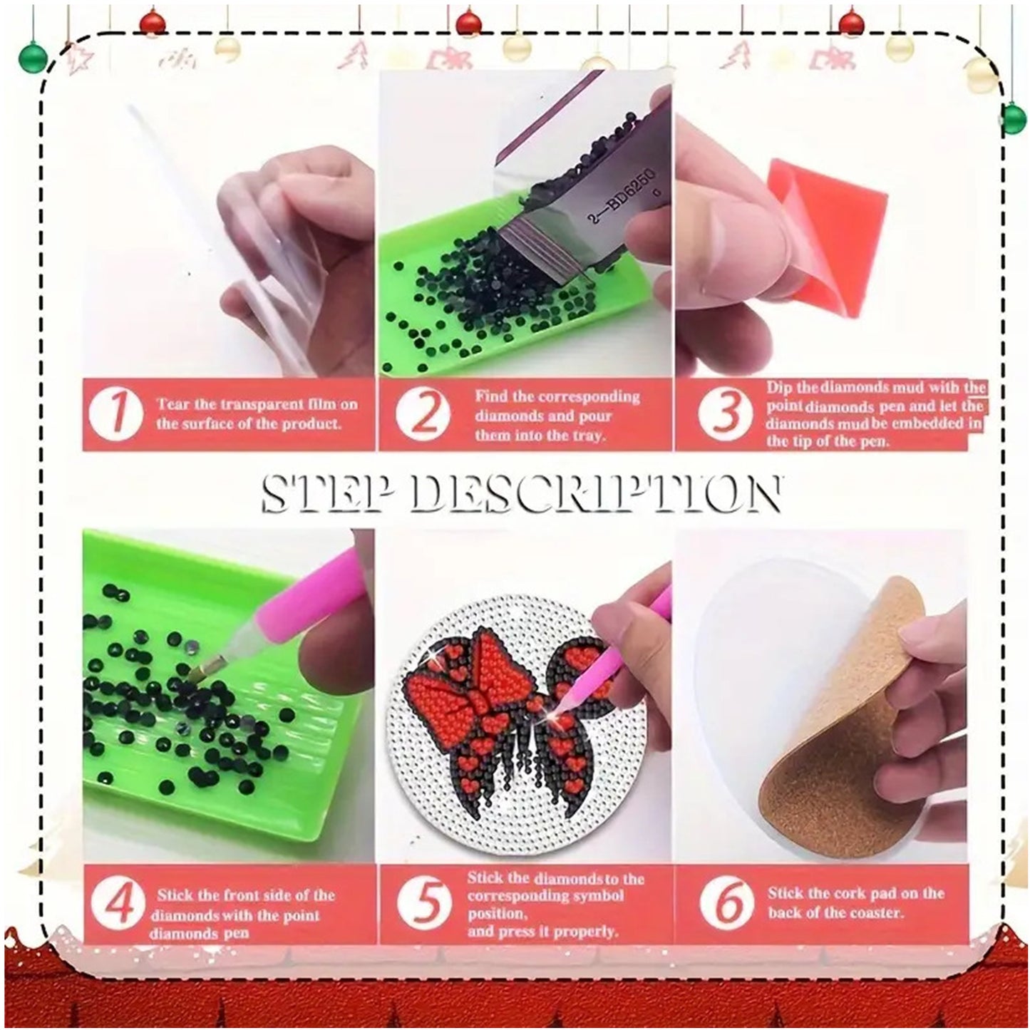 6pcs Cartoon DIY Diamond Painting Wooden Coasters Art Kits with Holder (Snowman)