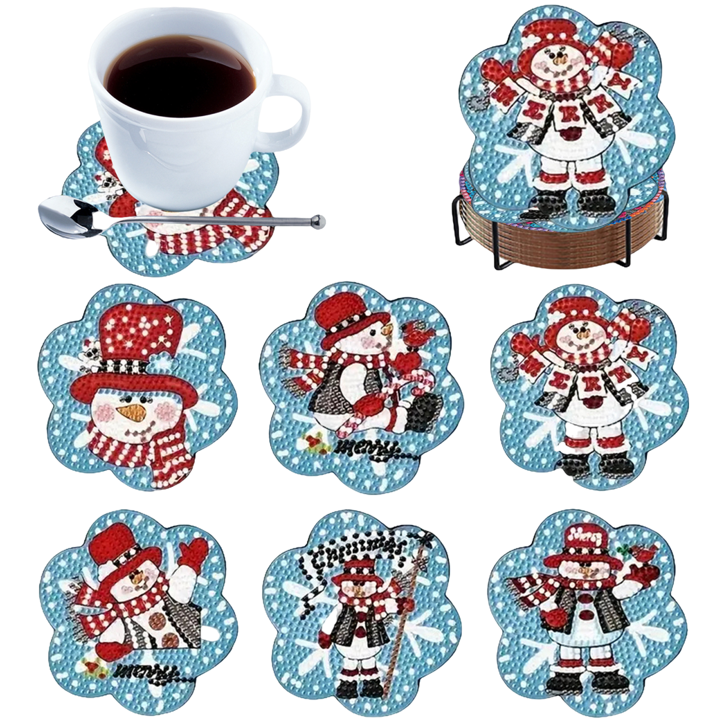 6pcs Cartoon DIY Diamond Painting Wooden Coasters Art Kits with Holder (Snowman)