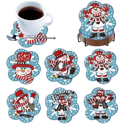 6pcs Cartoon DIY Diamond Painting Wooden Coasters Art Kits with Holder (Snowman)