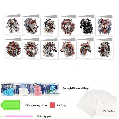 12Pcs Indian Wolf Horse DIY Diamond Painting Greeting Cards for Adults Gifts