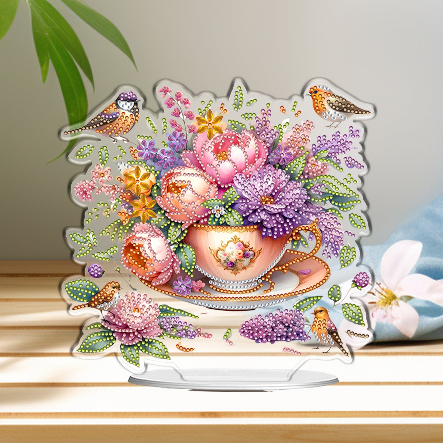 Cup Flower DIY 2D Flat Acrylic Desktop Special Shaped Diamond Art Kit 24*22cm