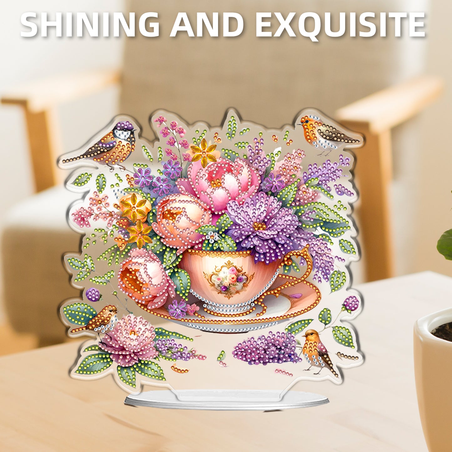 Cup Flower DIY 2D Flat Acrylic Desktop Special Shaped Diamond Art Kit 24*22cm