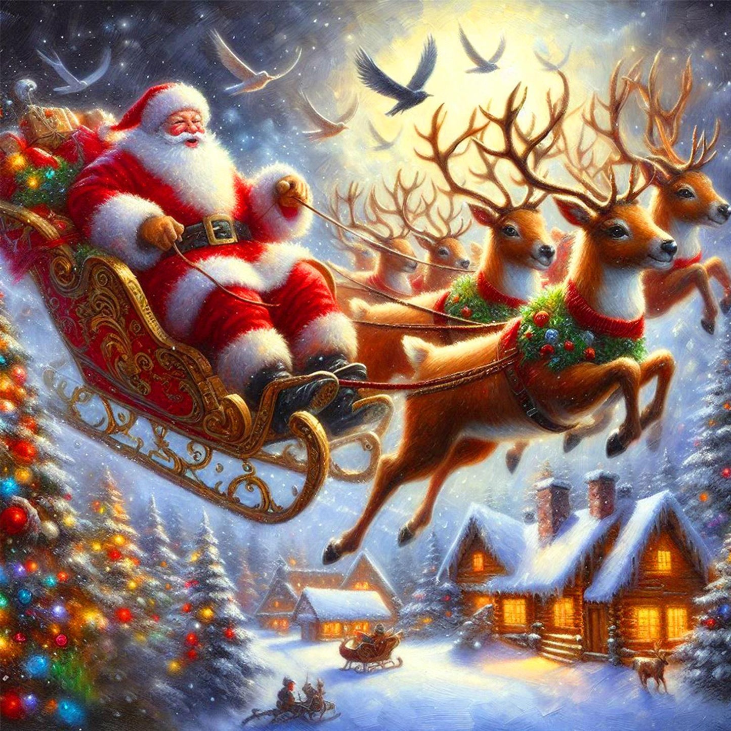Santa Claus And Reindeer Sleigh - Full Round Drill Diamond Painting 40*40CM