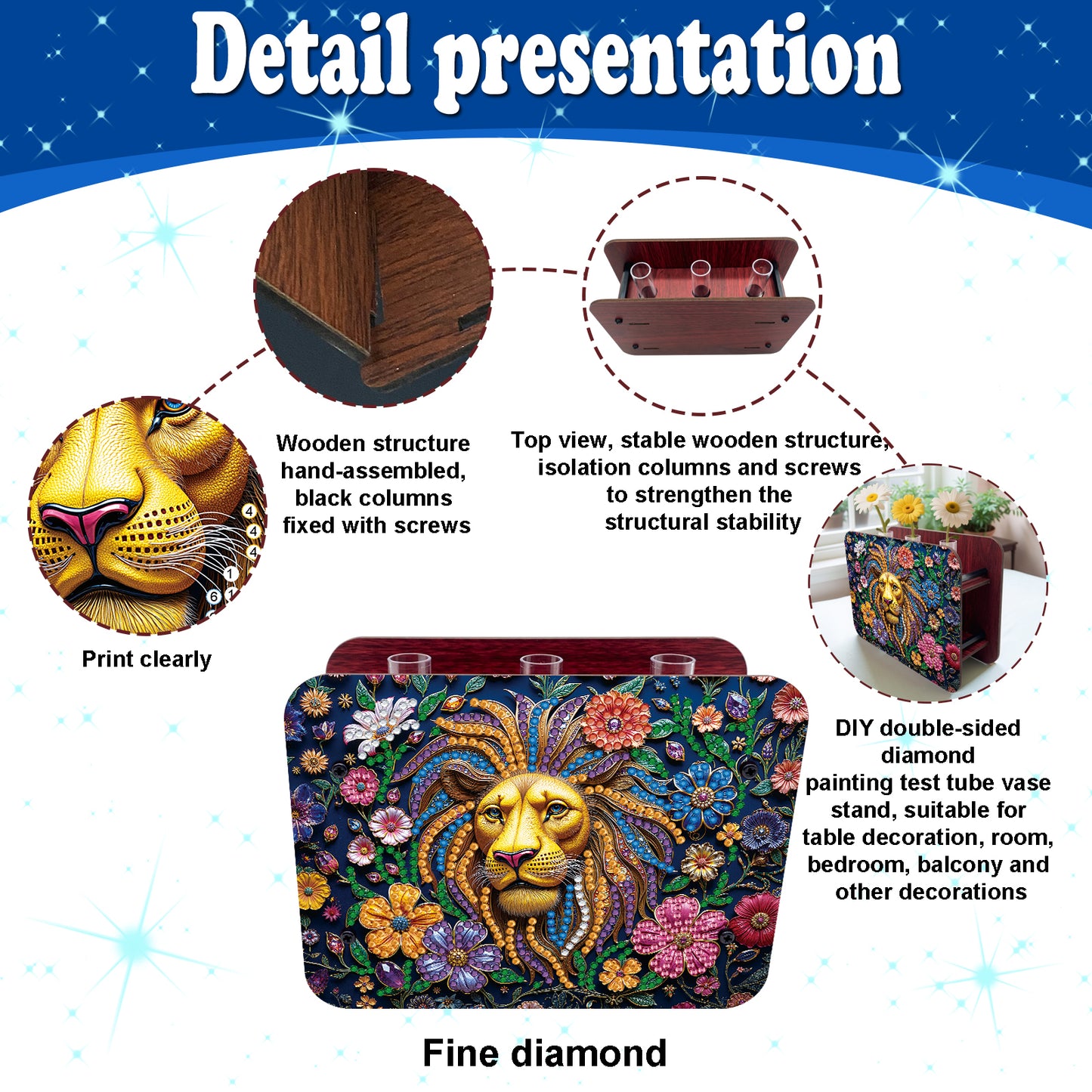 Gem Lion DIY Diamond Painting Wooden Tube Vase for Adults Gift Idea Home Decor