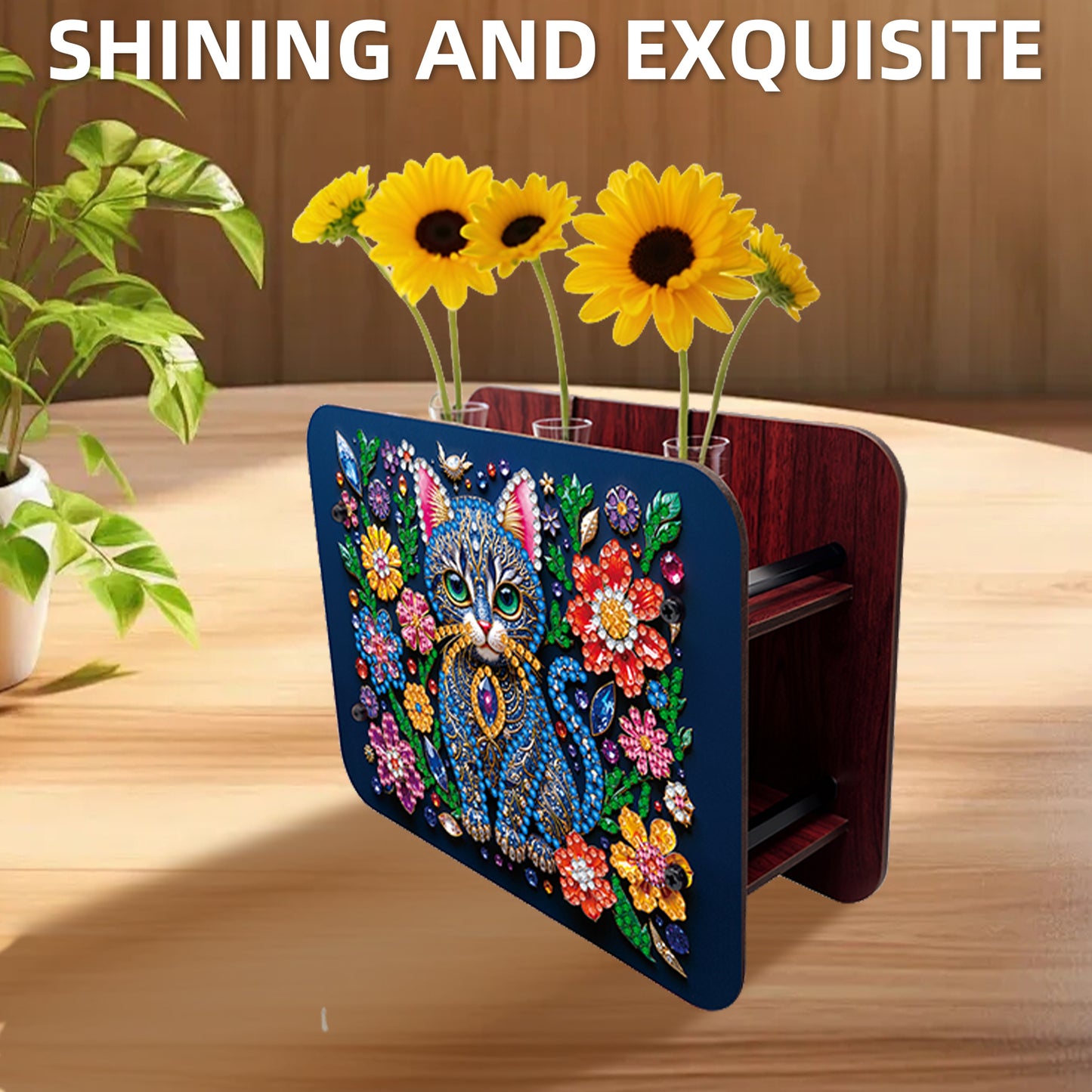 Gem Cat DIY Diamond Painting Wooden Tube Vase for Adults Gift Idea Home Decor