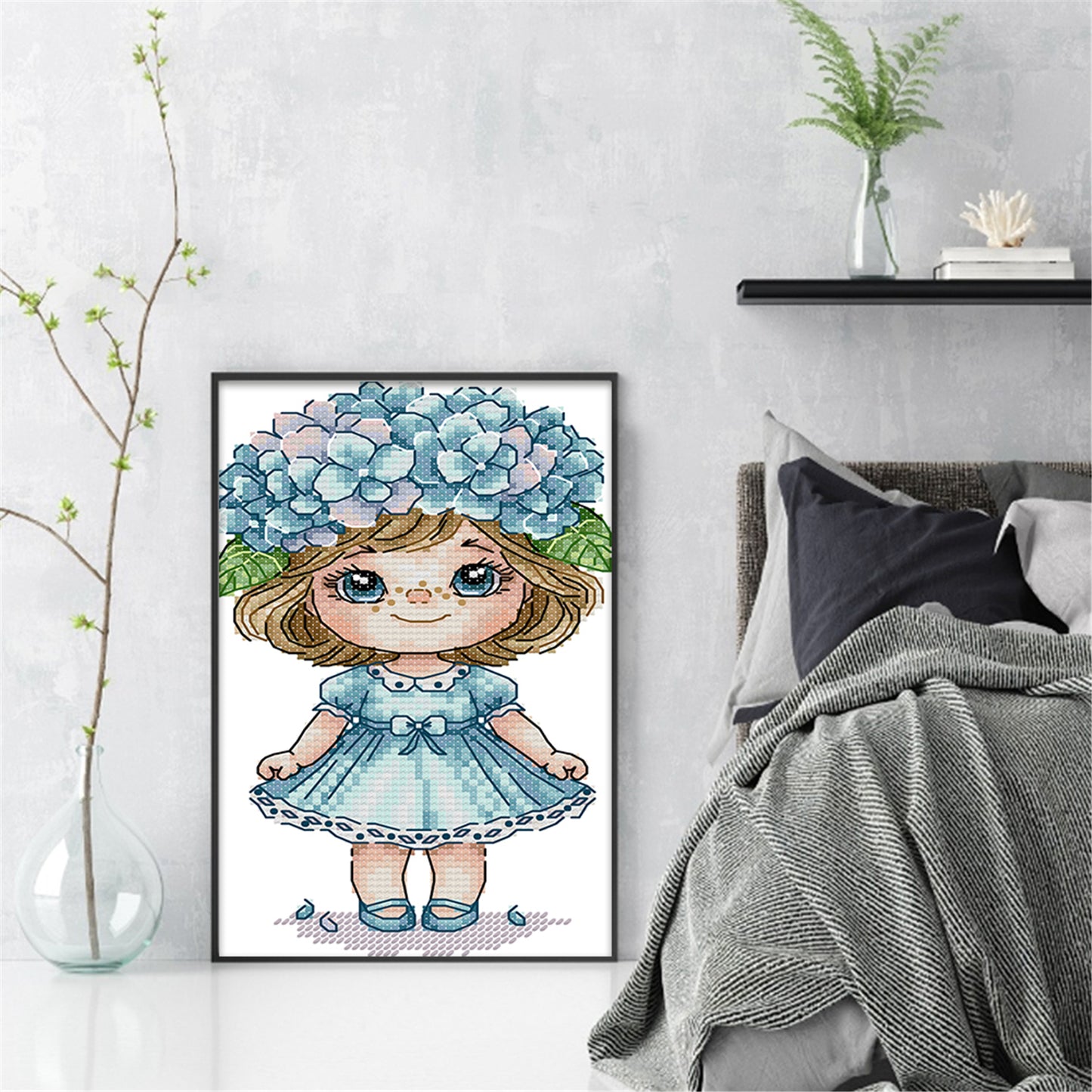 Girl With Hydrangeas - 14CT Stamped Cross Stitch 14*21CM (Joy Sunday)