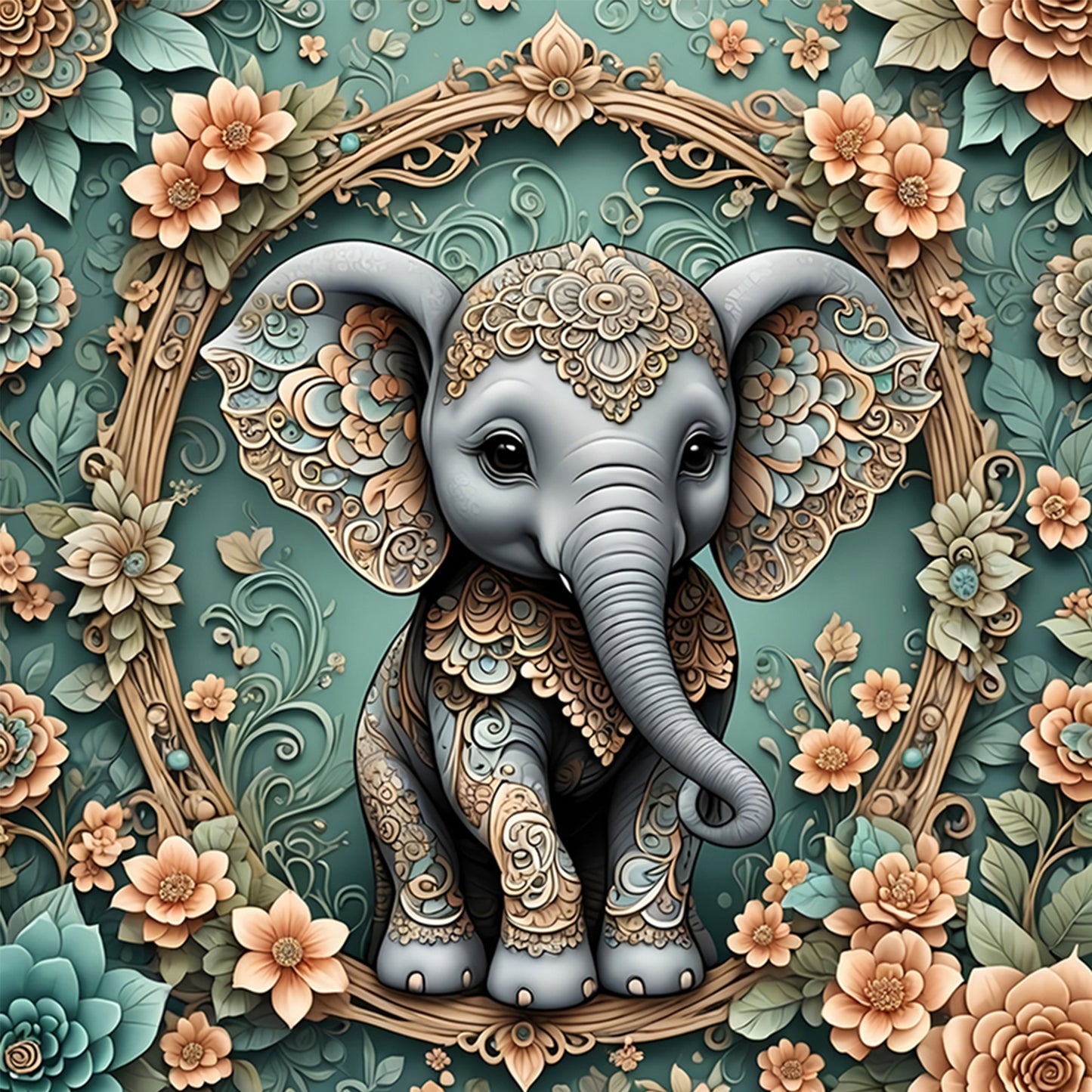 Floral Elephant - Full Round Drill Diamond Painting 40*40CM