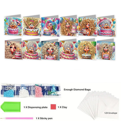 12pcs Girl Theme DIY Diamond Art Greeting Cards with Envelope for Birthday Gift