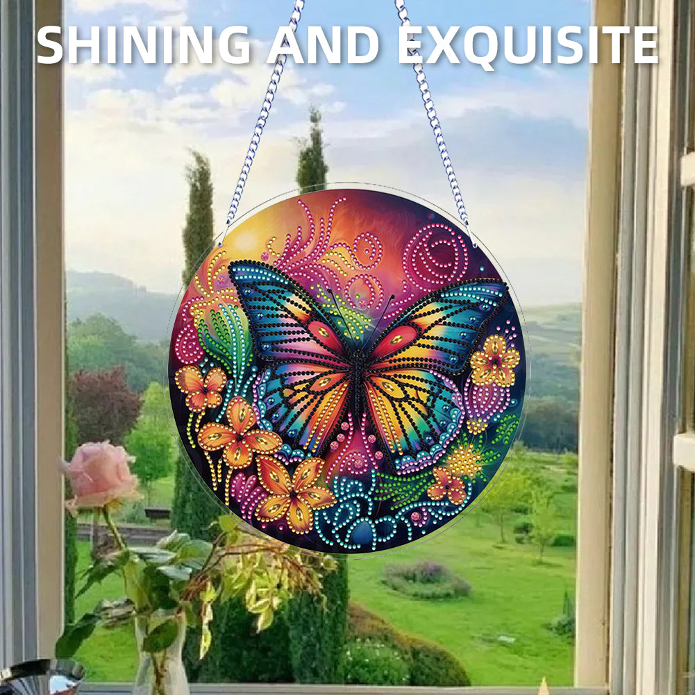 Flower Bird 2D Flat DIY Hanging Diamond Art Ornament Window Pendant (Butterfly)