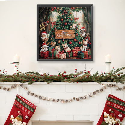 Christmas Cat And Christmas Tree - Full Round Drill Diamond Painting 40*40CM