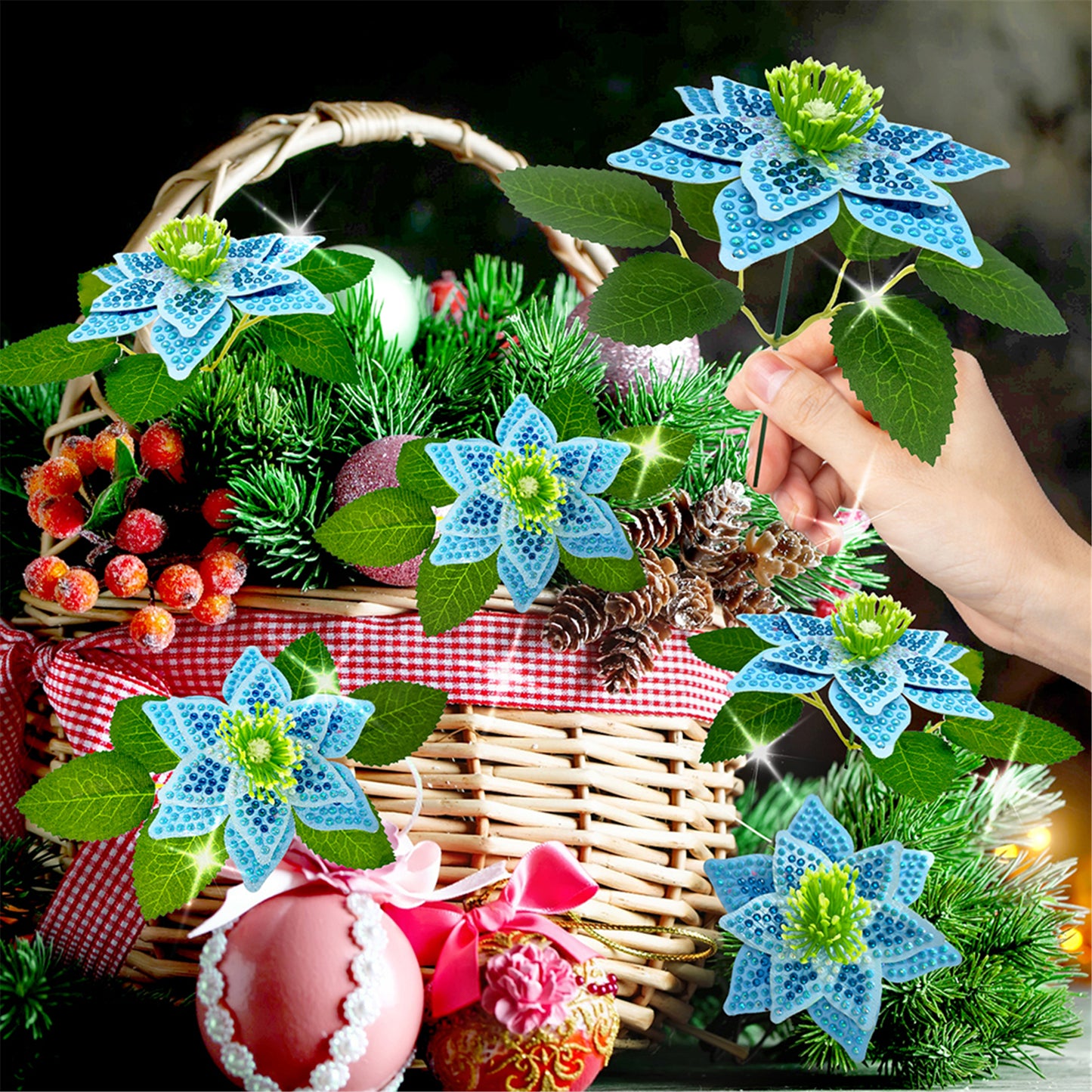 8Pcs 3D Blue Artificial Flowers DIY Desktop Diamond Art Kit for Adult Home Decor