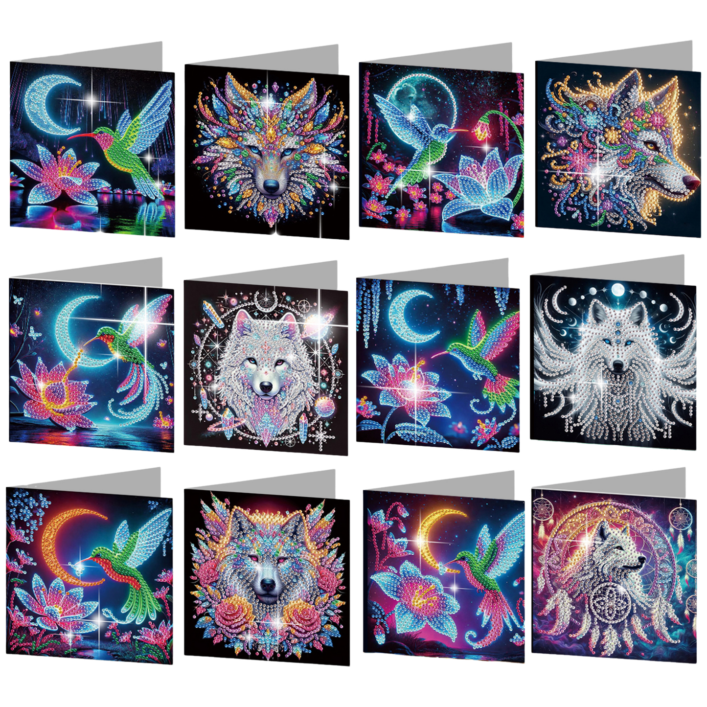 12PCS Hummingbird Wolf DIY Diamond Painting Greeting Card Set with Envelopes
