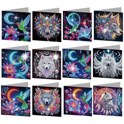 12PCS Hummingbird Wolf DIY Diamond Painting Greeting Card Set with Envelopes
