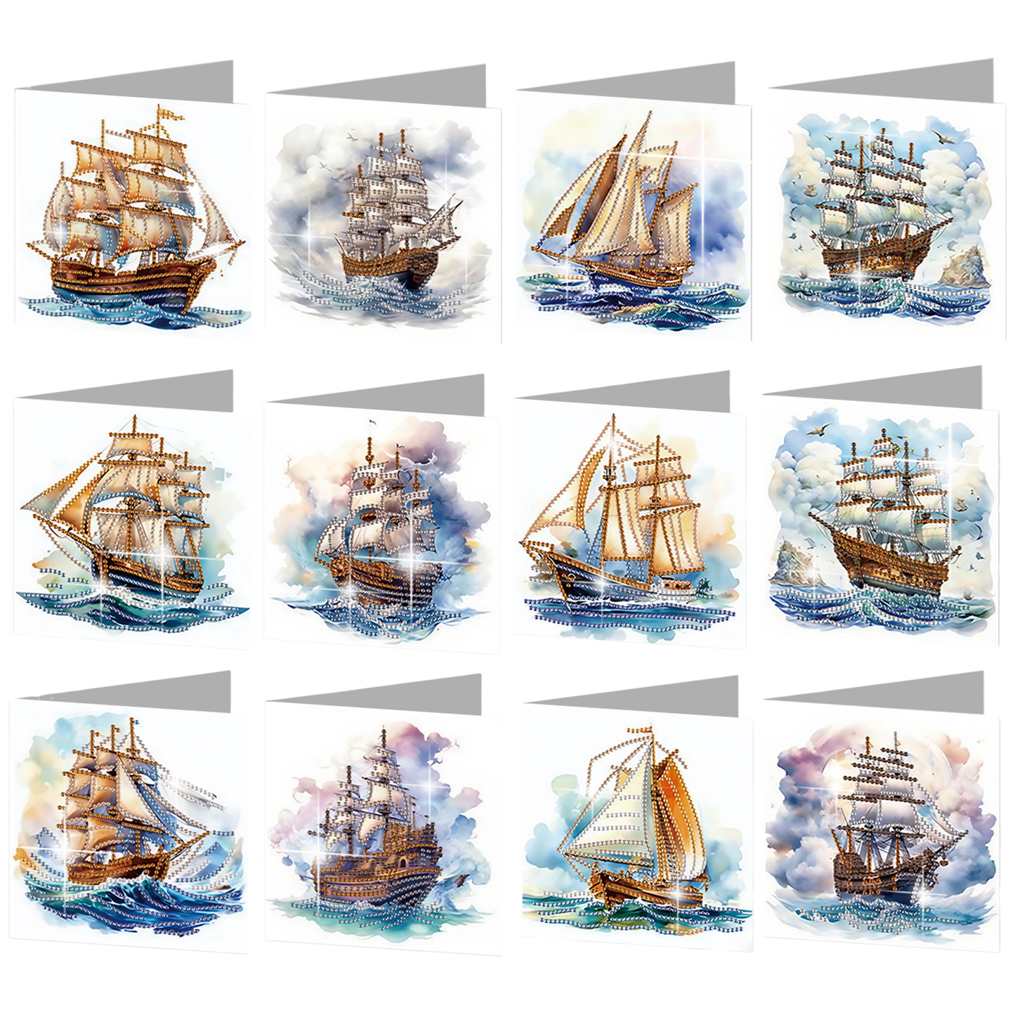 12PCS Sea Sailing Boat DIY Diamond Painting Greeting Card Set with Envelopes