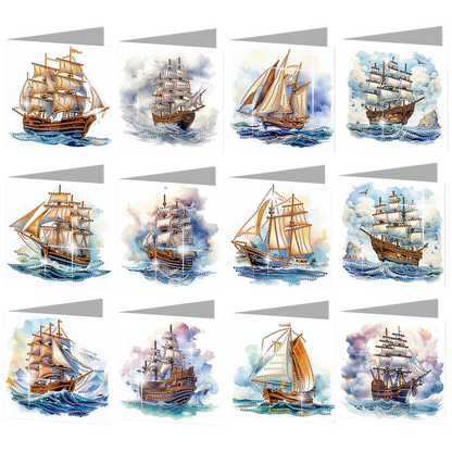 12PCS Sea Sailing Boat DIY Diamond Painting Greeting Card Set with Envelopes