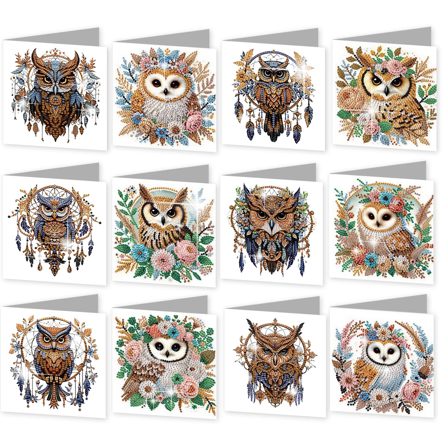 12PCS Dreamcatcher Owl DIY Diamond Painting Greeting Card Set with Envelopes