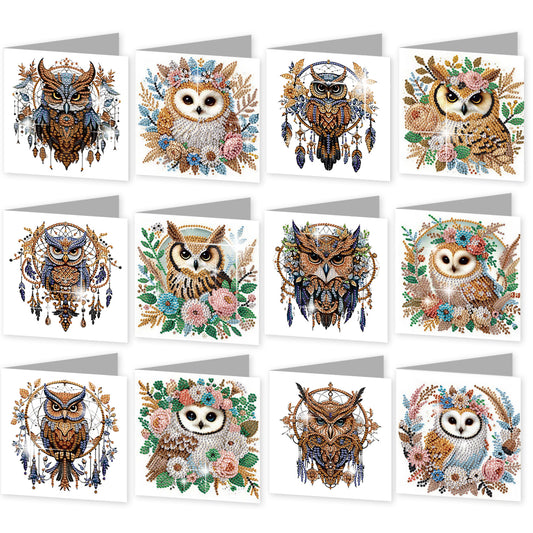 12PCS Dreamcatcher Owl DIY Diamond Painting Greeting Card Set with Envelopes