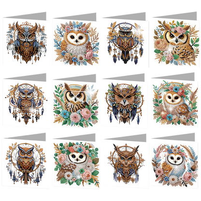 12PCS Dreamcatcher Owl DIY Diamond Painting Greeting Card Set with Envelopes
