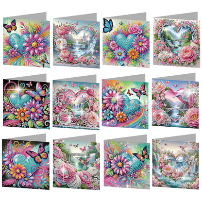 12PCS Flower Heart DIY Diamond Painting Greeting Card Set with Envelopes