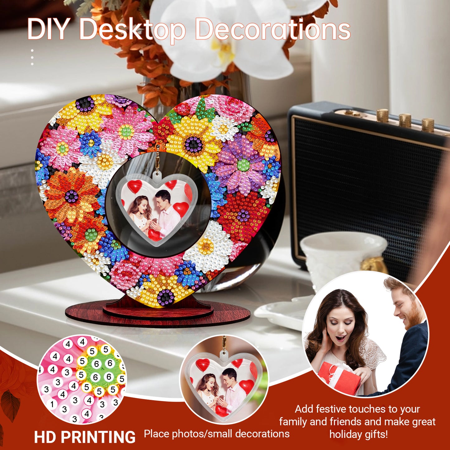 2D Flatt DIY Wooden Flowers Desktop Diamond Art Ornament Kits Home Decor