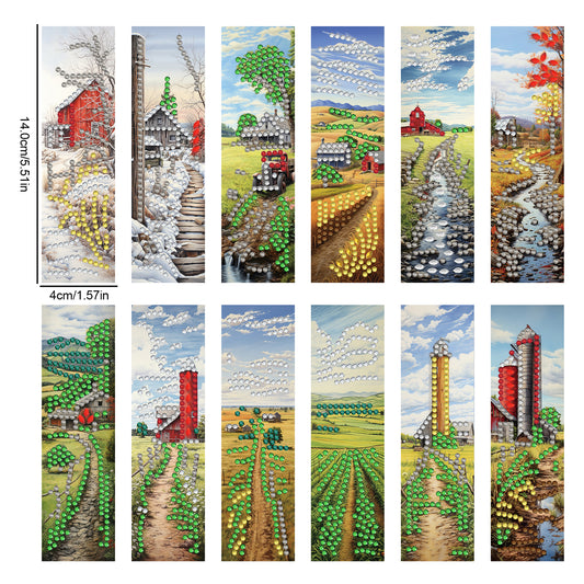 12pcs Countryside DIY 5D Diamond Painting Bookmark Kit with Pendant for Adults
