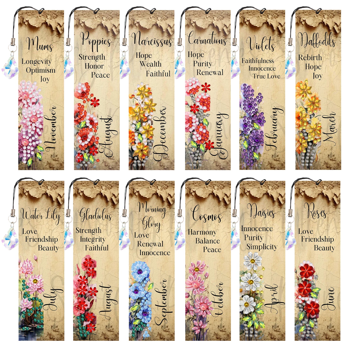 12pcs English DIY 5D Diamond Painting Bookmark Kit w/ Pendant for Adult Beginner