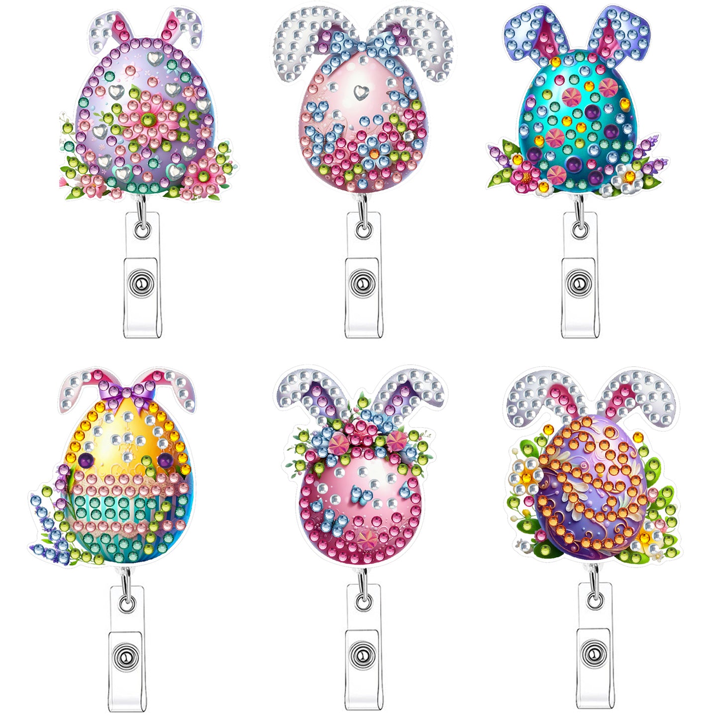 Easter Egg 6Pcs DIY Diamond Painting ID Holder with Clip Rhinestone Badge Reel