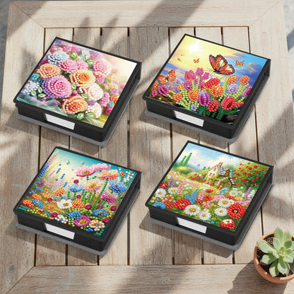 4Pcs Flower 5D DIY PU Diamond Painting Kit Office Note Box with 160 Sheets Paper