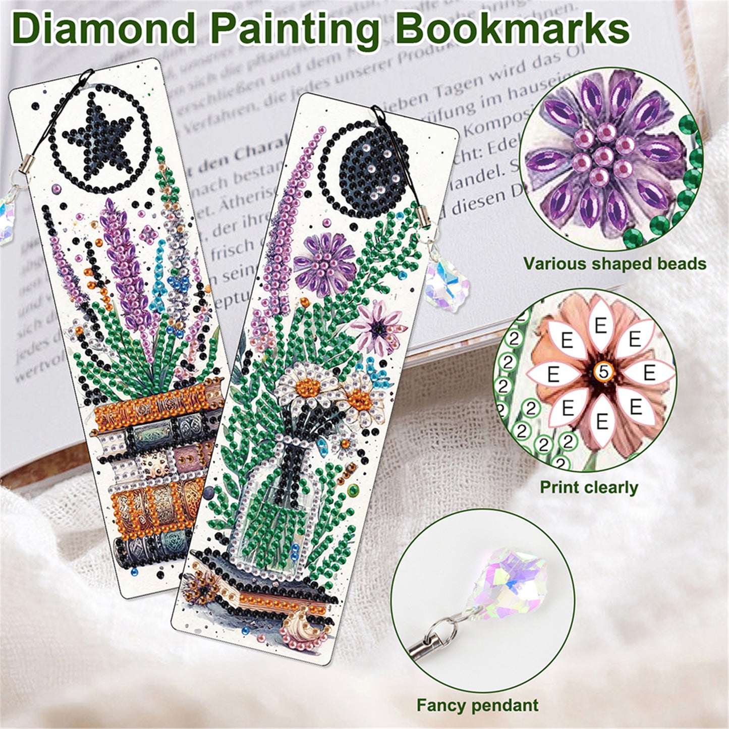 12Pcs Books DIY Diamond Painting Bookmark with Crystal Pendant for Book Decor