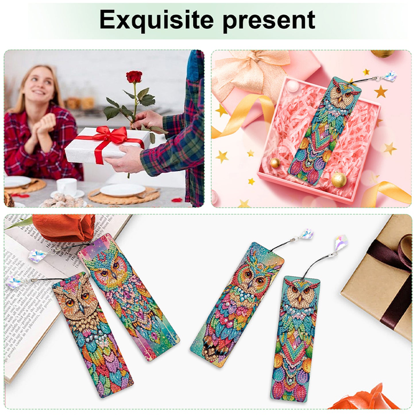 12Pcs Owl DIY Diamond Painting Bookmark with Crystal Pendant for Book Decor