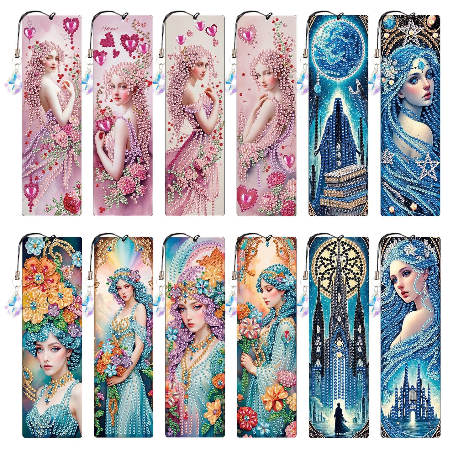 12Pcs Woman DIY Diamond Painting Bookmark with Crystal Pendant for Book Decor