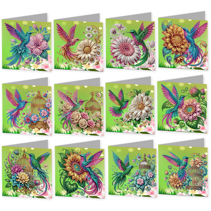 12Pcs Hummingbird Flower DIY Diamond Painting Greeting Card Kit for Adults Gifts