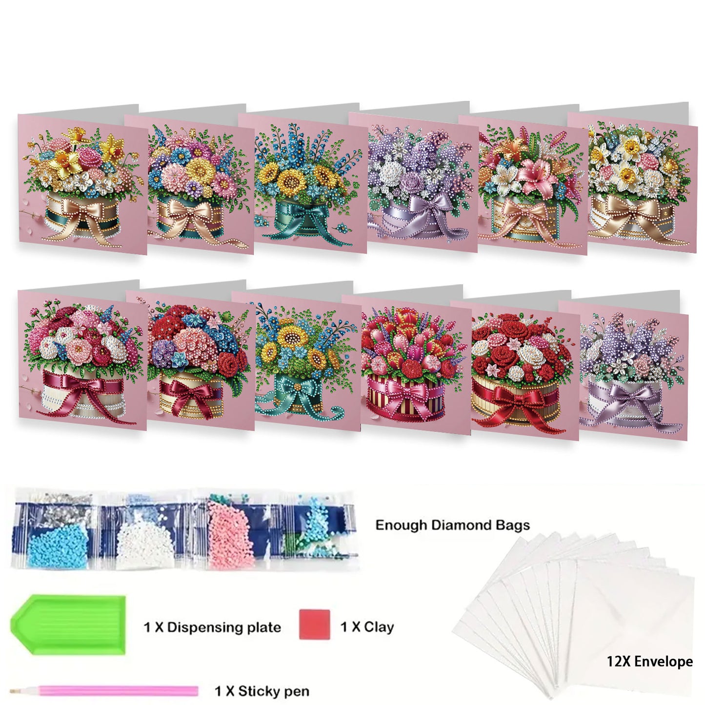 12 Packs Flower Gift DIY Diamond Painting Greeting Card Kit for Adults Gifts