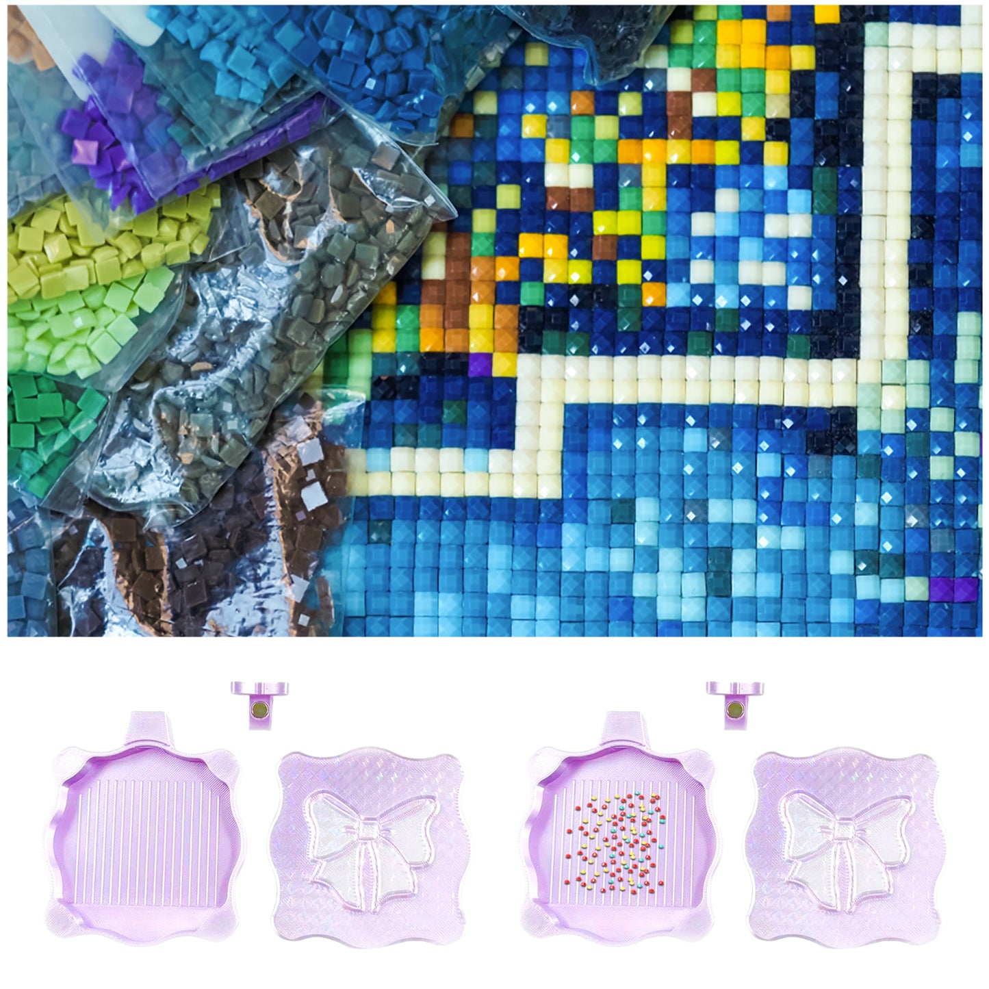 Bowknot DIY Diamond Art Painting Trays Kits with Lid for Adults Crafts (Purple)